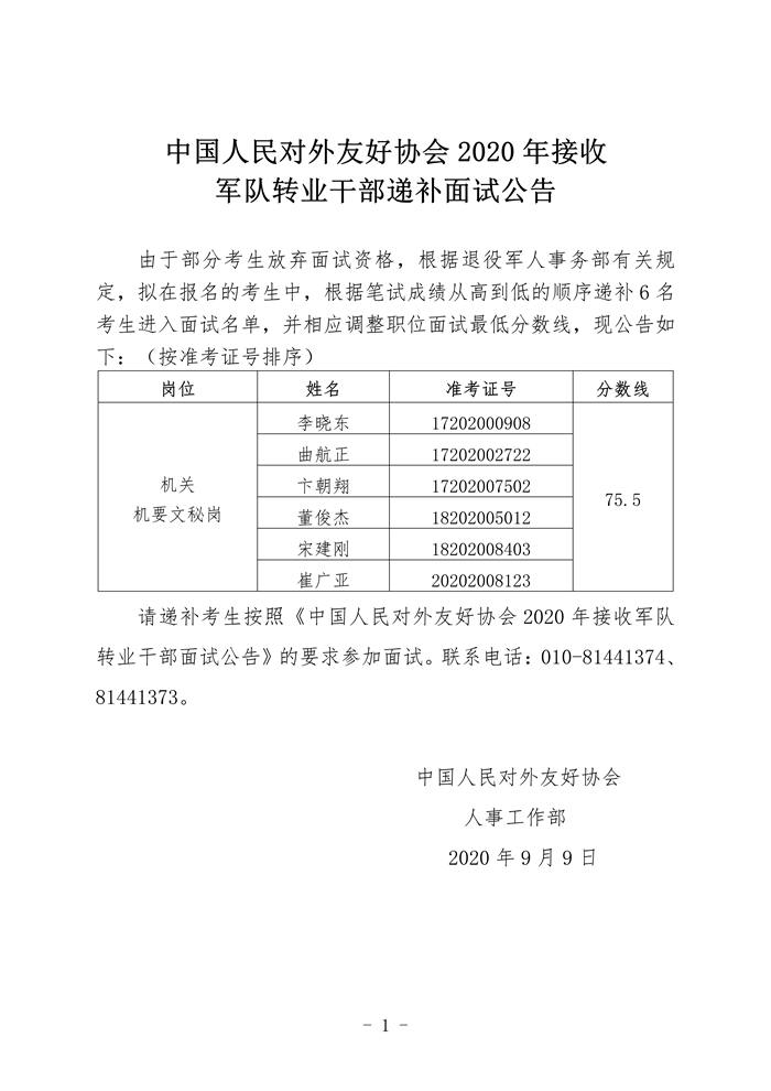 2020年接收军队转业干部递补面试公告（递补6名）_01_副本.png